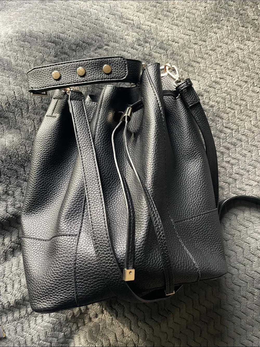 Zara Black Pebbled Drawstring Bucket Backpack